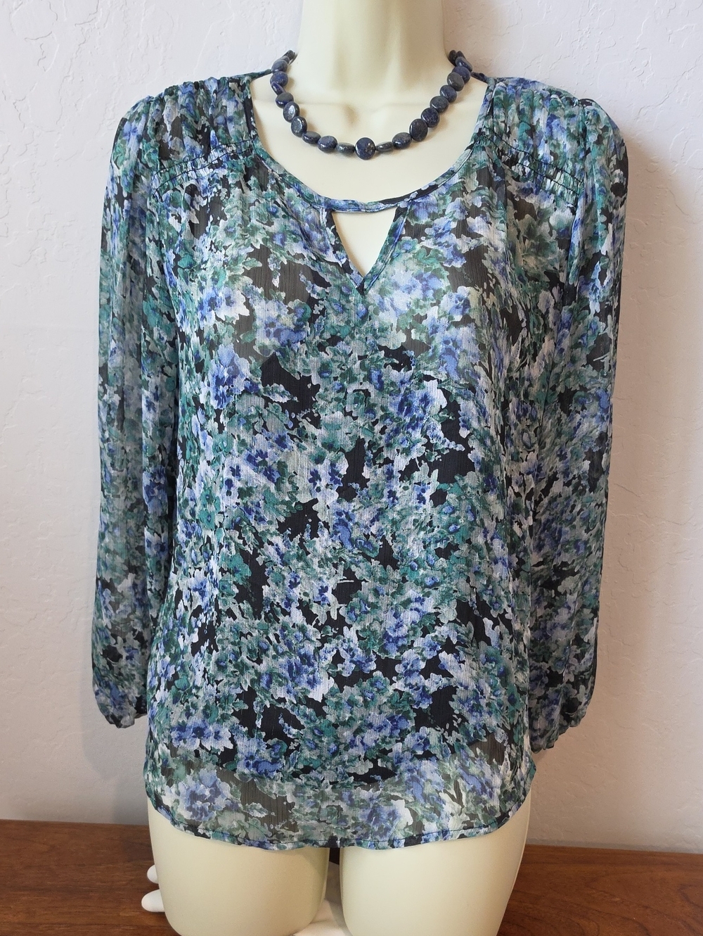 BCX Sheer Floral Keyhole Blouse in Blue and Green